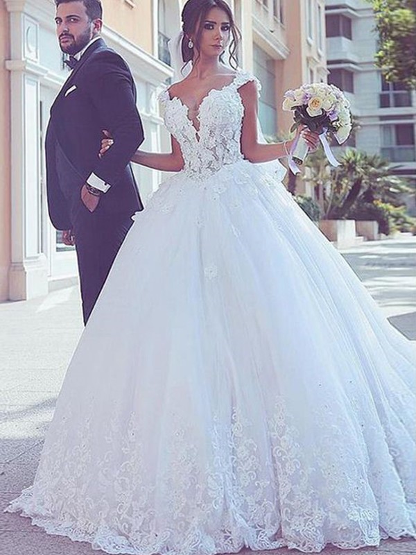 Ball Gown Sweetheart Sleeveless Sweep/Brush Train Lace Tulle Wedding Dresses 1286