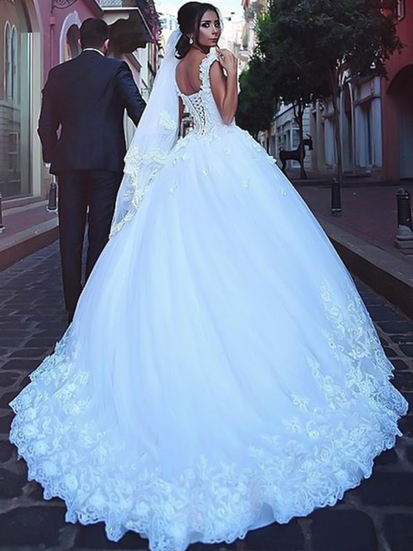 Ball Gown Sweetheart Sleeveless Sweep/Brush Train Lace Tulle Wedding Dresses 1286