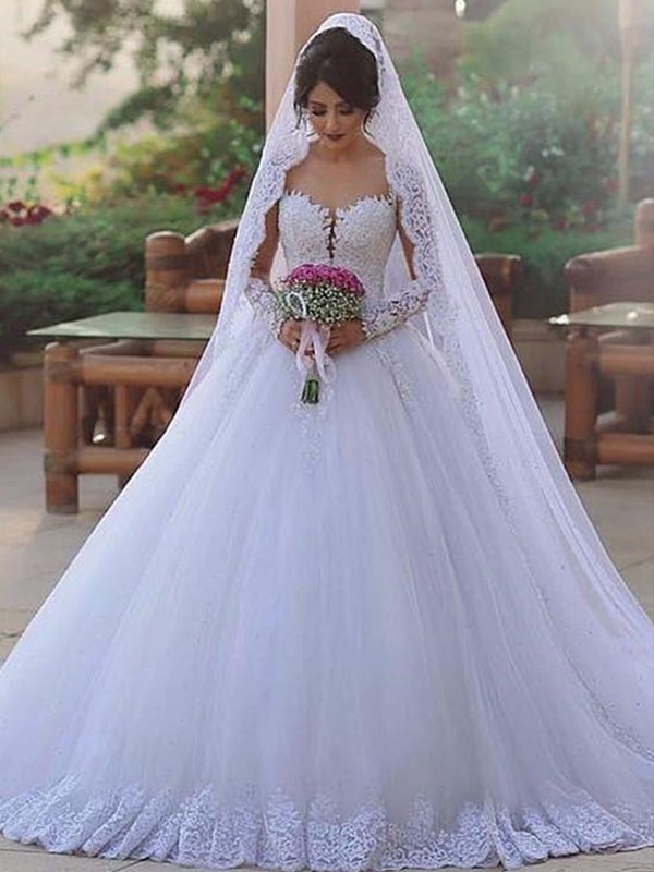 Ball Gown Sweetheart Long Sleeves Sweep/Brush Train Lace Tulle Wedding Dresses 1279