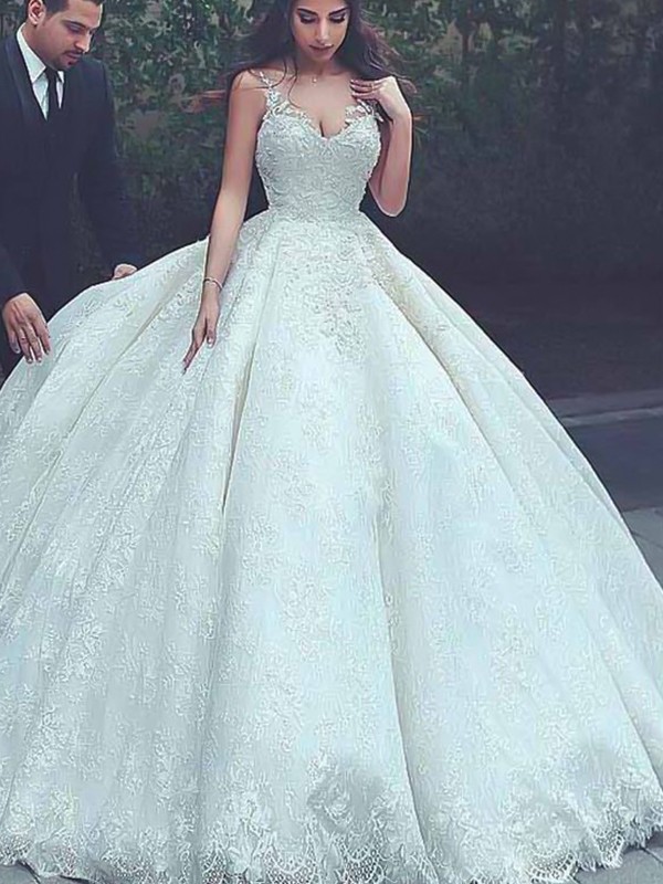 Ball Gown Spaghetti Straps Sleeveless Sweep/Brush Train Lace Tulle Wedding Dresses 1264