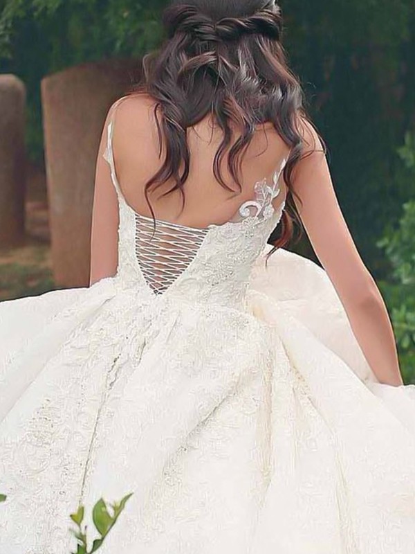 Ball Gown Spaghetti Straps Sleeveless Sweep/Brush Train Lace Tulle Wedding Dresses 1264