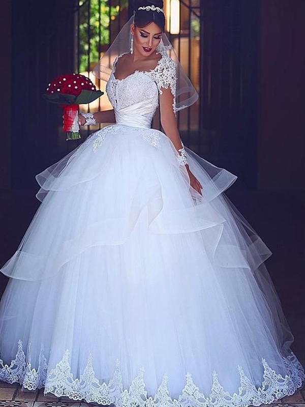 Ball Gown Sweetheart Long Sleeves Floor-Length Lace Tulle Wedding Dresses 1278