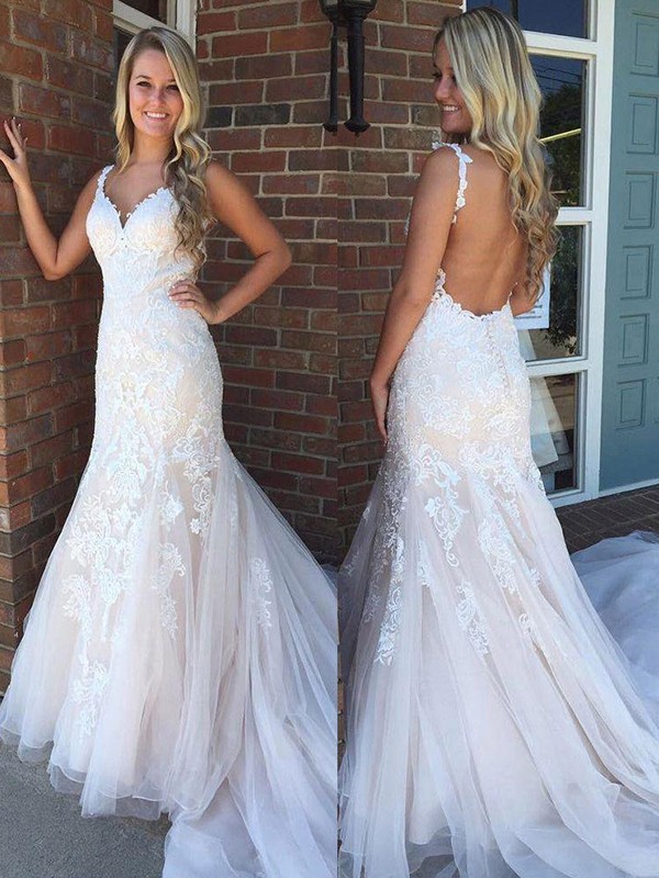 Trumpet/Mermaid V-neck Sleeveless Sweep/Brush Train Applique Tulle Wedding Dresses 1756