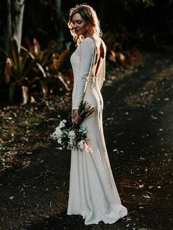 Sheath/Column Jewel Long Sleeves Floor-Length Ruffles Stretch Crepe Wedding Dresses 1375