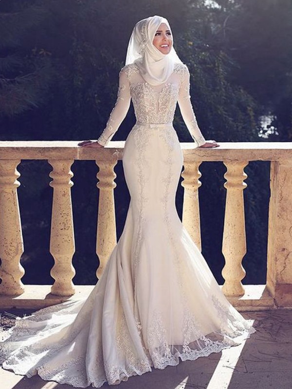 Trumpet/Mermaid Jewel Long Sleeves Sweep/Brush Train Lace Tulle Wedding Dresses 1572