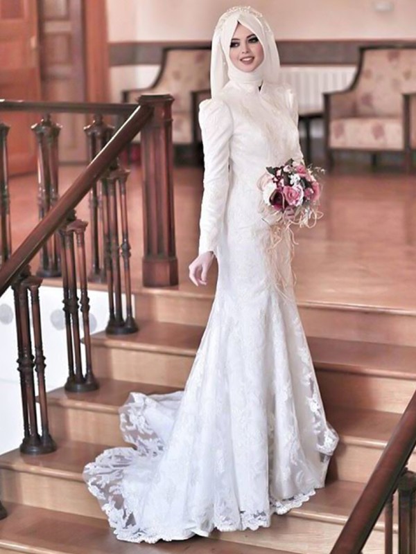 Trumpet/Mermaid High Neck Long Sleeves Sweep/Brush Train Lace Tulle Wedding Dresses 1566