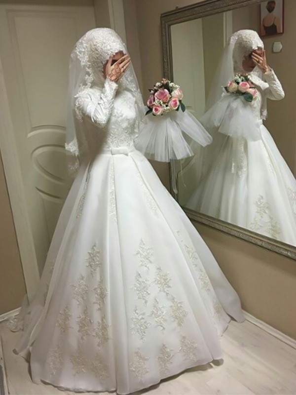 Ball Gown Jewel Long Sleeves Floor-Length Bowknot Organza Wedding Dresses 1183